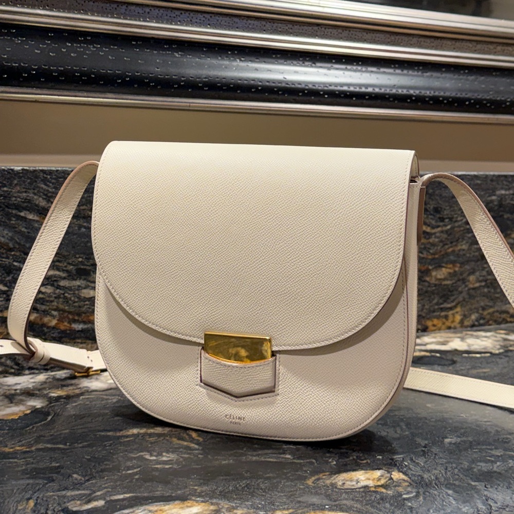 Celine Cream Crossbody Bag with Gold Accent